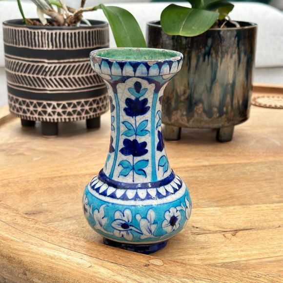 Antique Handmade Hand Painted Glazed Terracotta Vase Iznic Pottery Blue 6.5" H - Picture 12 of 12